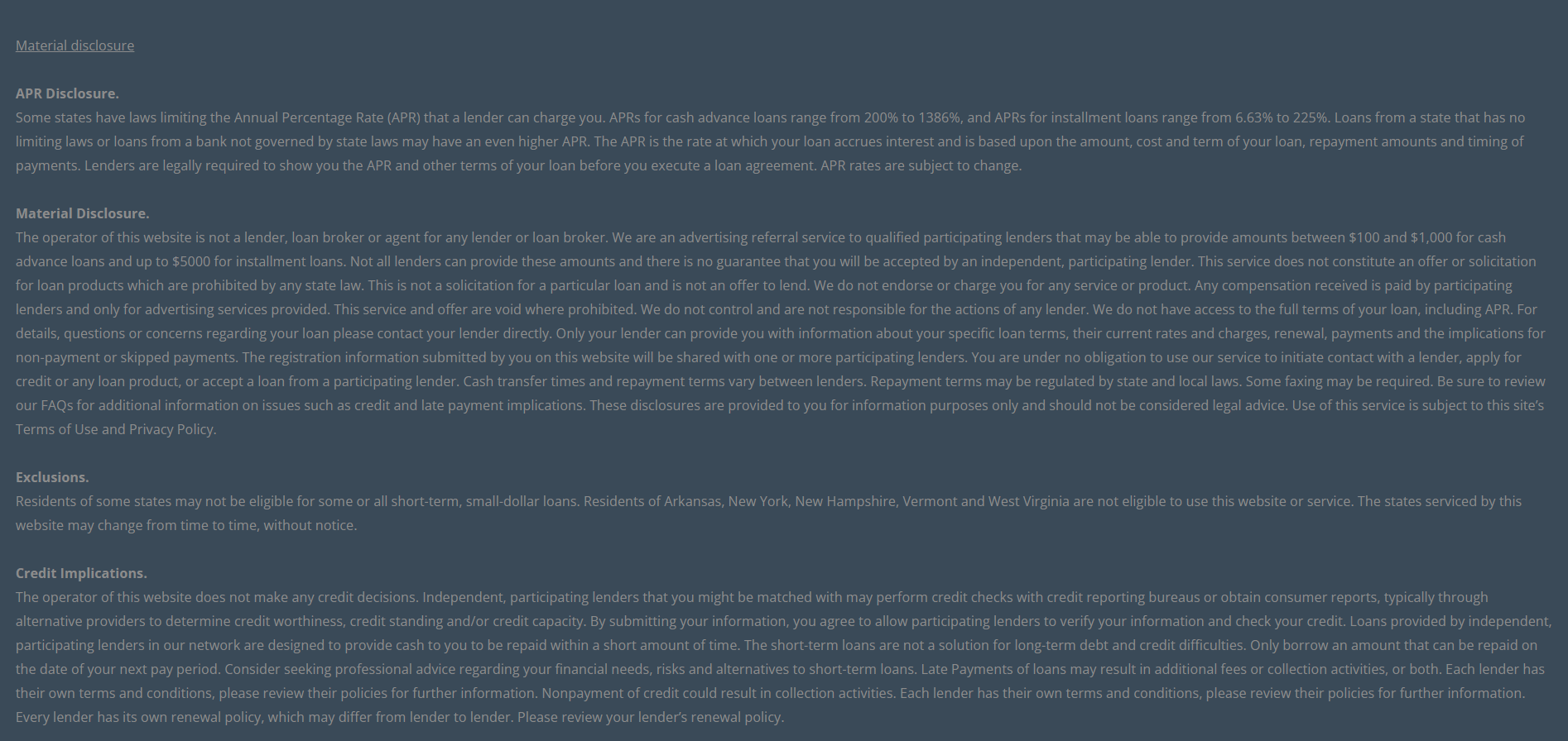 Material disclosure for payday loans in Topeka Kansas